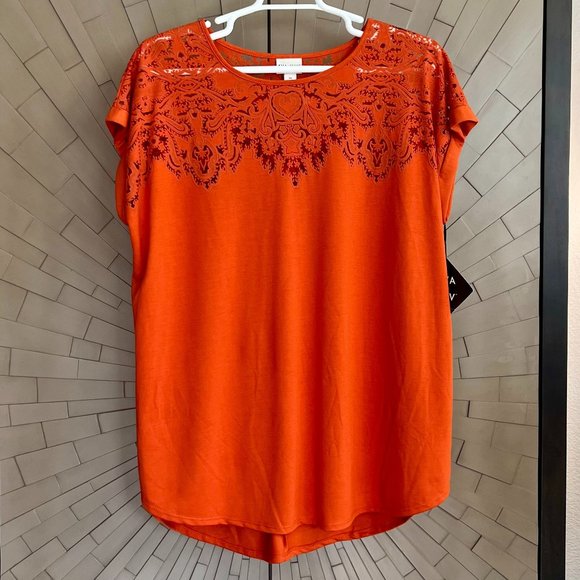 NWT Ava & Viv Pumpkin Orange Lace Trim Tee Size 3X NEW - Picture 1 of 6